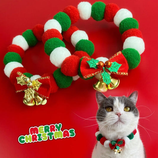 Christmas Pet Collar | Cute Dog & Cat Necklace with Plush Ball & Bow