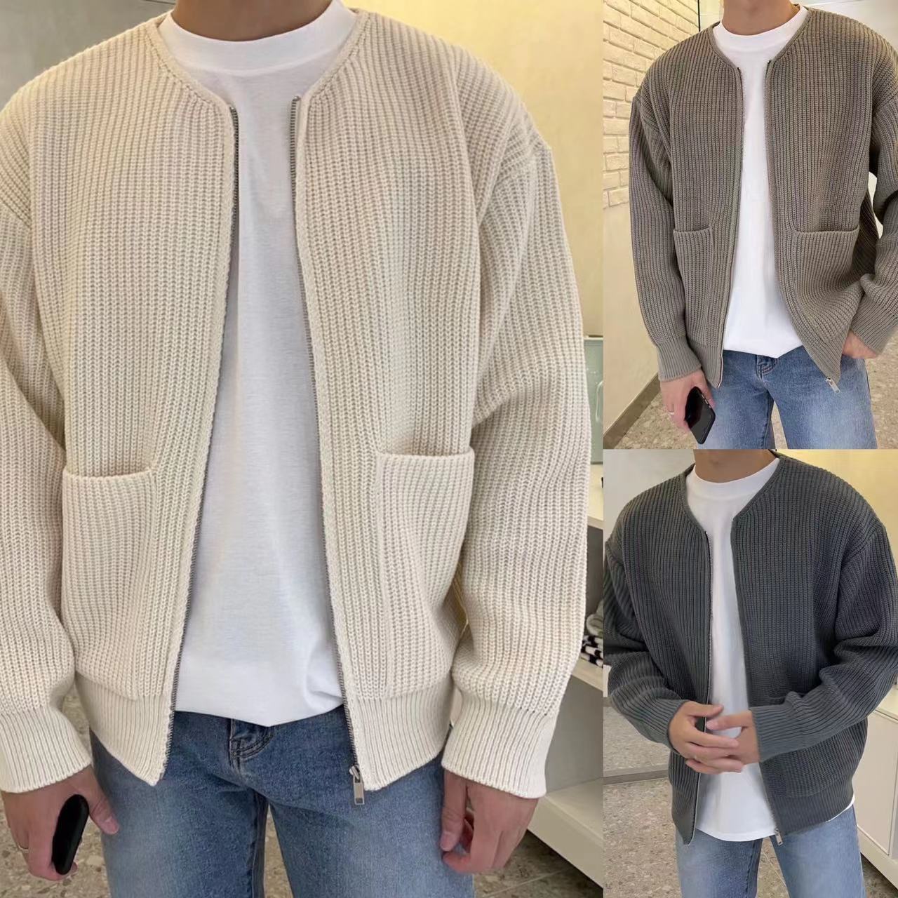 Men’s Zip-Up Knitted Cardigan – Funnel Neck Jumper with Pockets, Soft Comfortable Long Sleeve Sweater for All Seasons