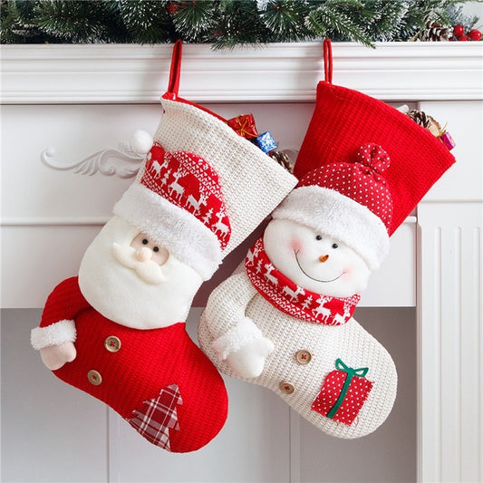 Large Red & White Knitted Christmas Stocking – Santa Claus Fireplace Decor, Xmas Gift Bag & Candy Holder