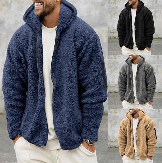 Men's Plush Hooded Fleece Jacket - Double-Sided, Warm & Casual