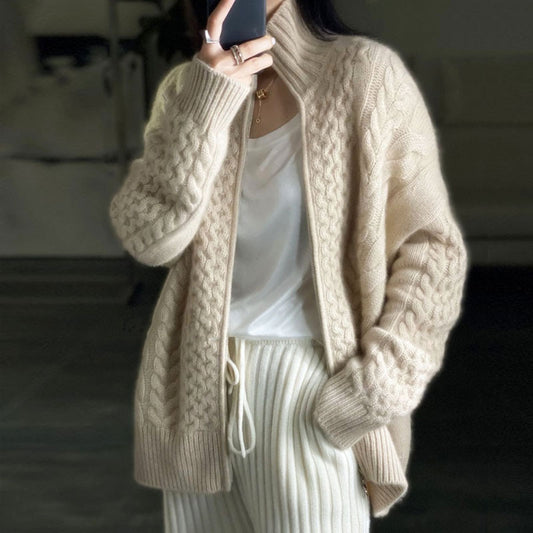 Women's Thick Cashmere High Neck Zipper Cardigan Sweater – Cozy & Elegant