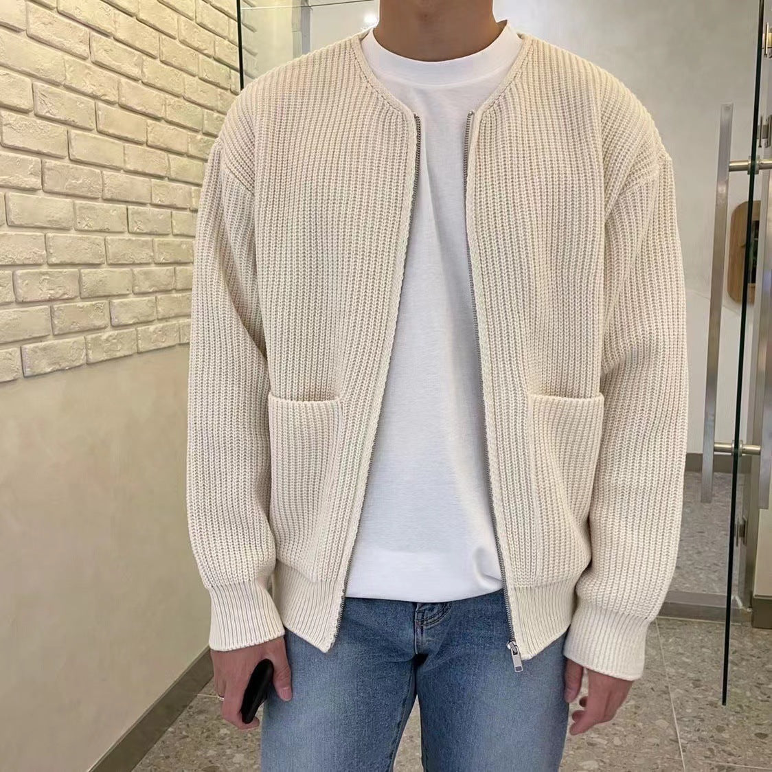 Men’s Zip-Up Knitted Cardigan – Funnel Neck Jumper with Pockets, Soft Comfortable Long Sleeve Sweater for All Seasons