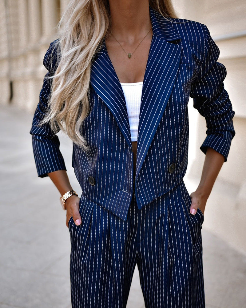 Women's Fashion Striped Suit – Casual Lapel Long Sleeve Cropped Top & Straight Pants Set