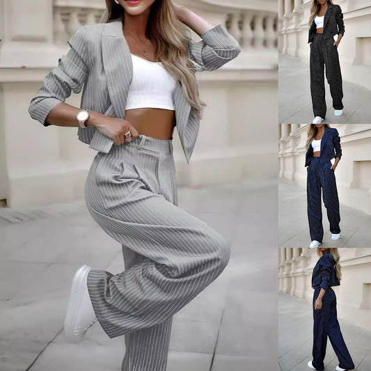 Women's Fashion Striped Suit – Casual Lapel Long Sleeve Cropped Top & Straight Pants Set