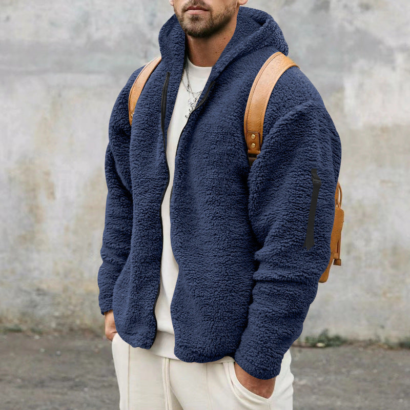 Men's Plush Hooded Fleece Jacket - Double-Sided, Warm & Casual