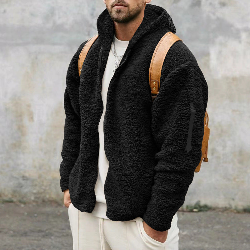 Men's Plush Hooded Fleece Jacket - Double-Sided, Warm & Casual