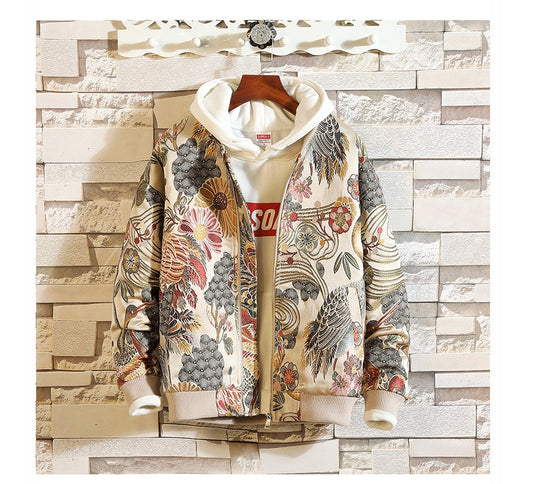 Men Floral & Crane Embroidery Varsity Jacket